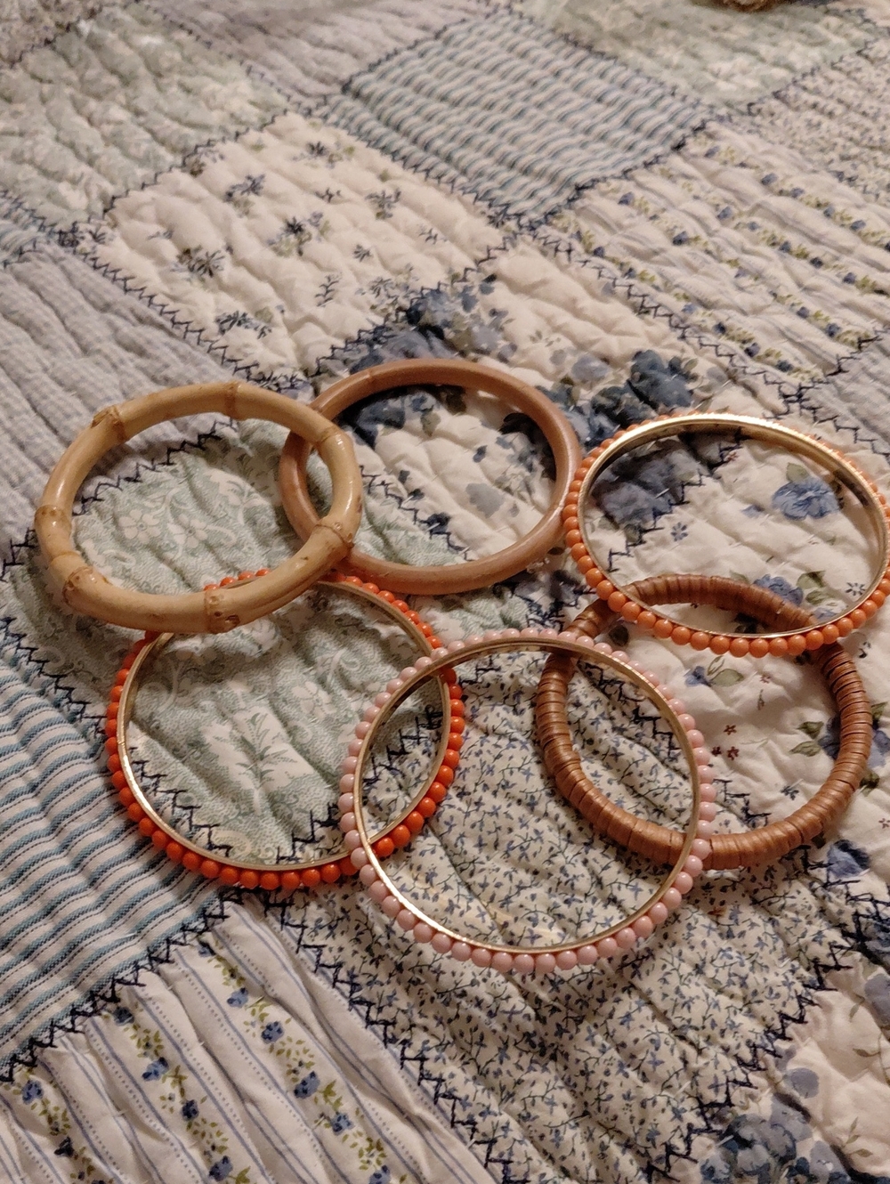 Set of 7 Bangle Bracelets in Coral, Peach & Natural Wood Tones